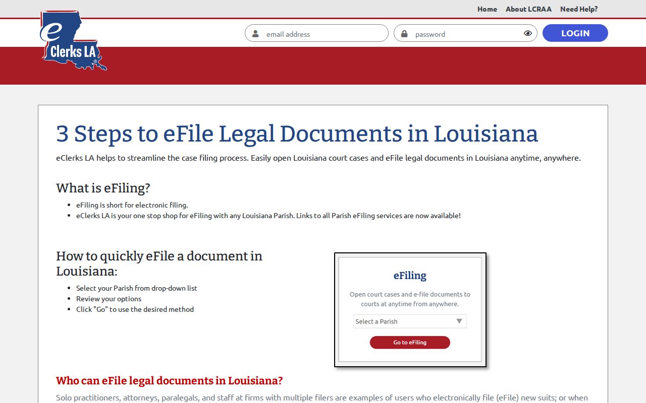 Grant Parish case search Louisiana eFiling routing source