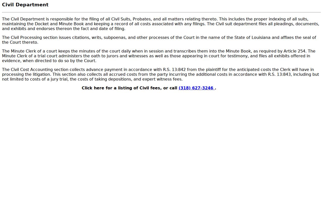 Grant Parish civil docket Civil Department record functions
