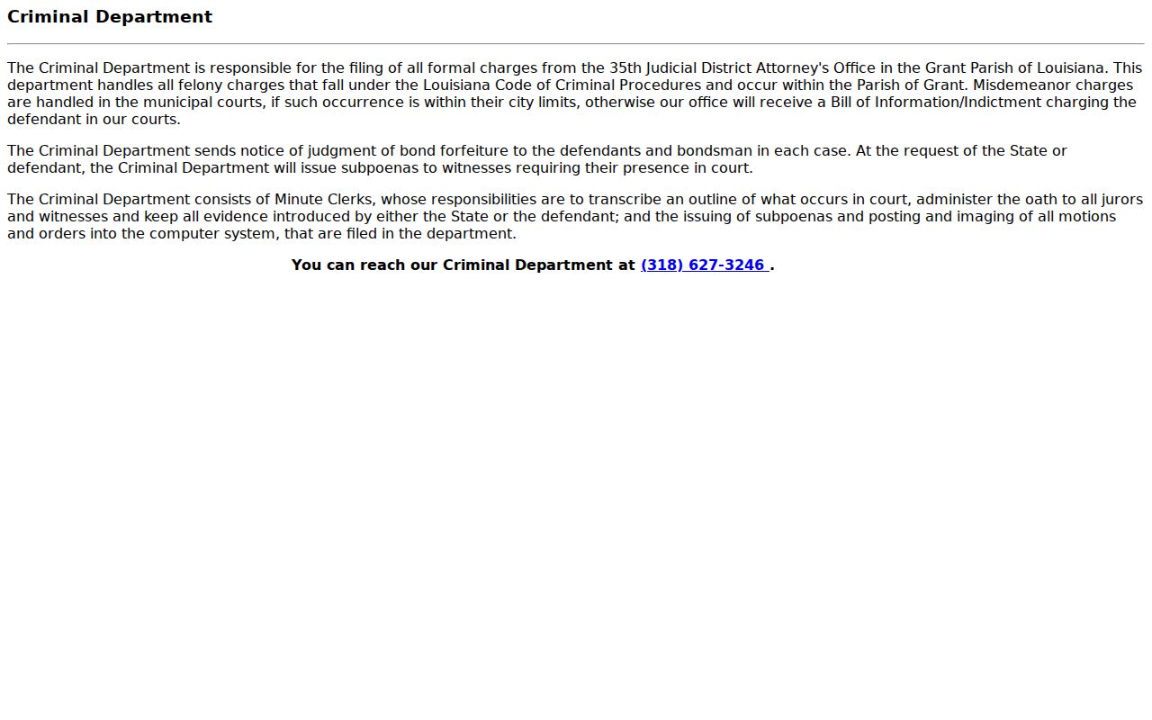 Grant Parish criminal docket and Criminal Department record functions