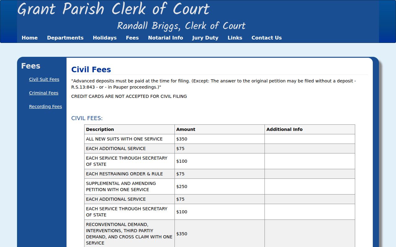Grant Parish court record fees and Clerk docket record services